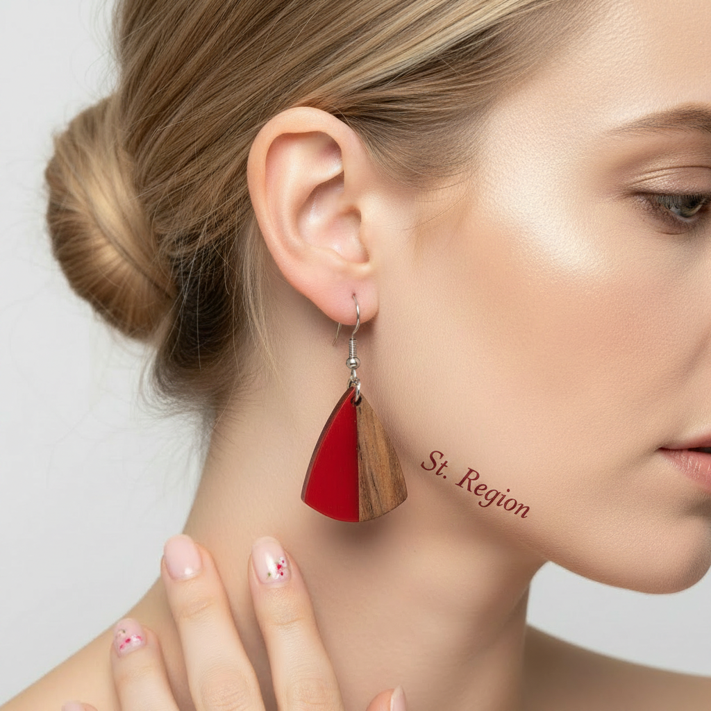 Red Resin & Wood Silvertone Shield Hook Earrings