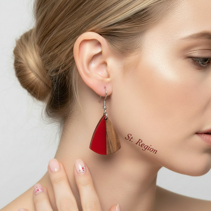 Red Resin & Wood Silvertone Shield Hook Earrings