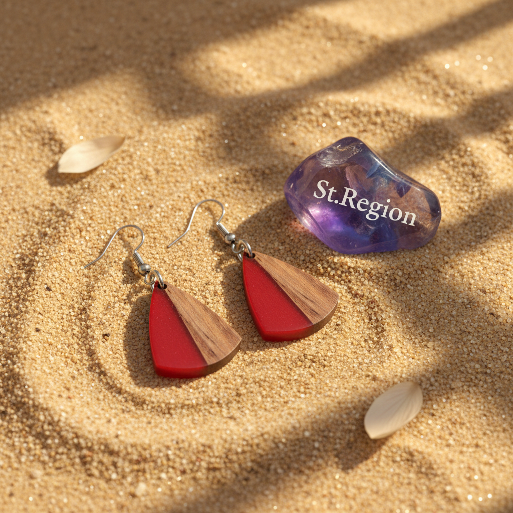 Red Resin & Wood Silvertone Shield Hook Earrings