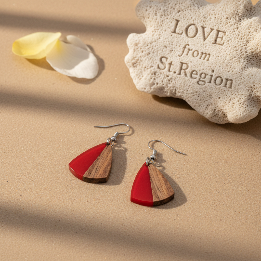 Red Resin & Wood Silvertone Shield Hook Earrings