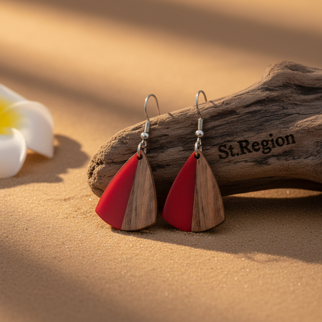 Red Resin & Wood Silvertone Shield Hook Earrings