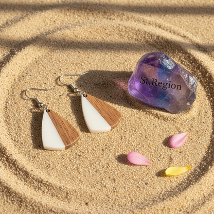 White Resin & Wood Silvertone Shield Hook Earrings