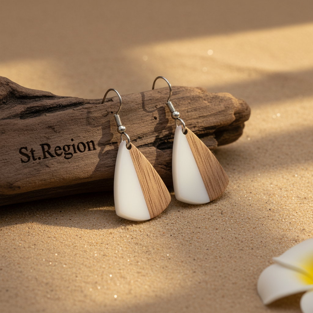 White Resin & Wood Silvertone Shield Hook Earrings
