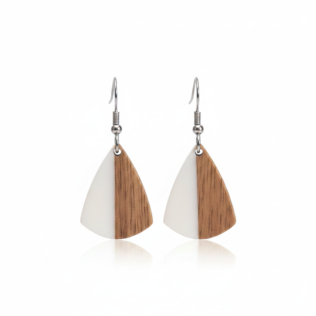White Resin & Wood Silvertone Shield Hook Earrings