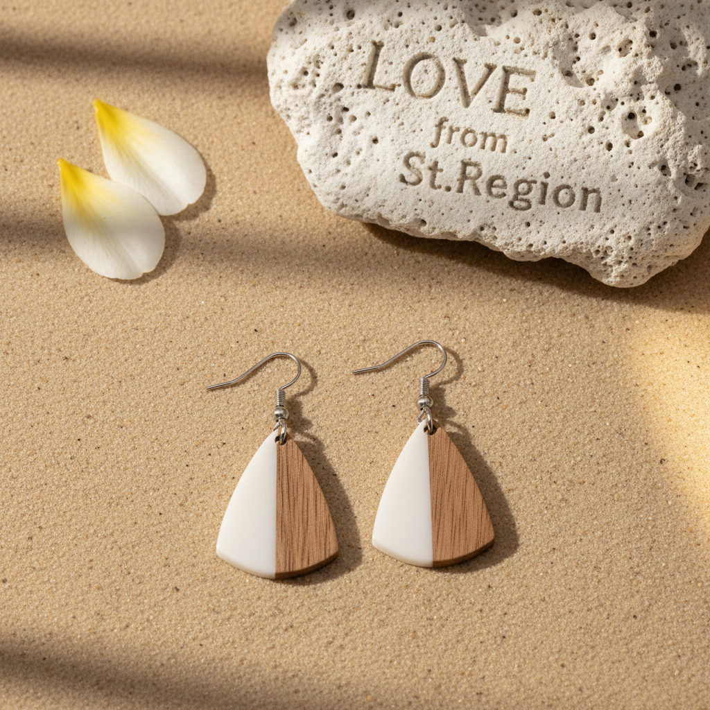 White Resin & Wood Silvertone Shield Hook Earrings