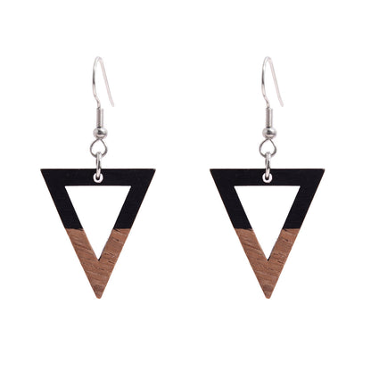 Black Resin & Wood Silvertone Open Triangle Hook Earrings