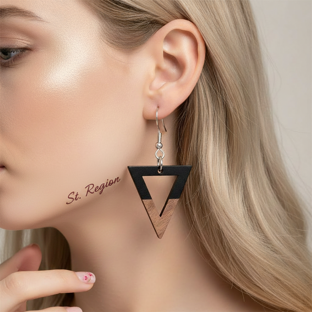 Black Resin & Wood Silvertone Open Triangle Hook Earrings