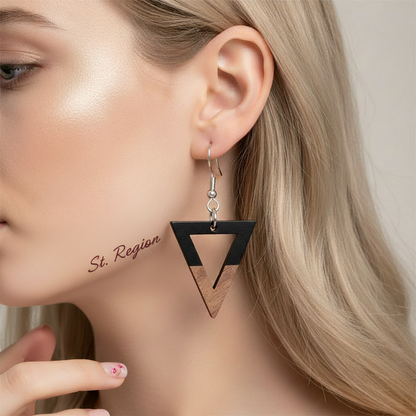 Black Resin & Wood Silvertone Open Triangle Hook Earrings