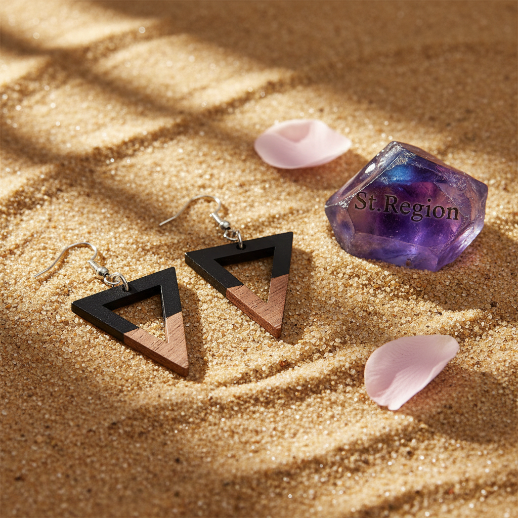 Black Resin & Wood Silvertone Open Triangle Hook Earrings