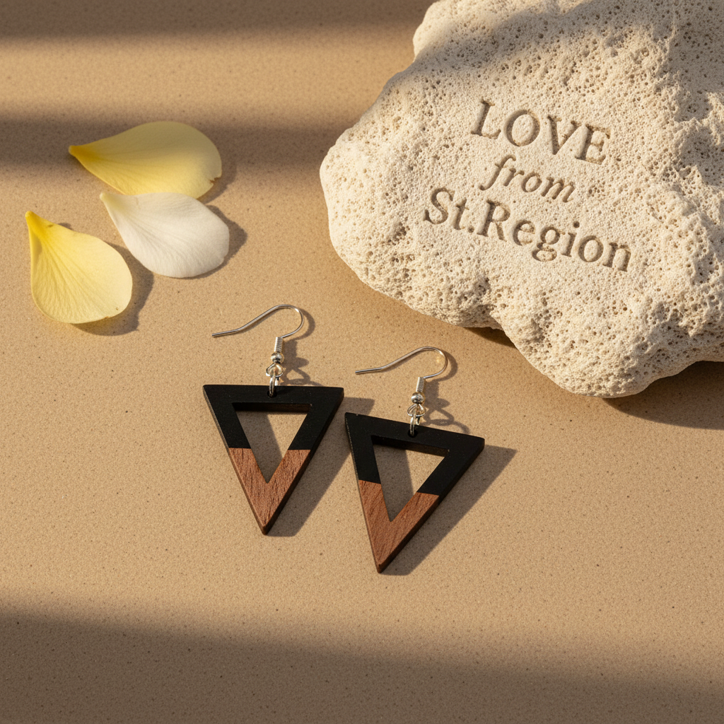 Black Resin & Wood Silvertone Open Triangle Hook Earrings