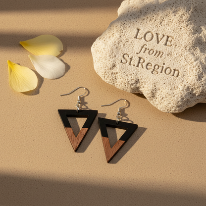 Black Resin & Wood Silvertone Open Triangle Hook Earrings