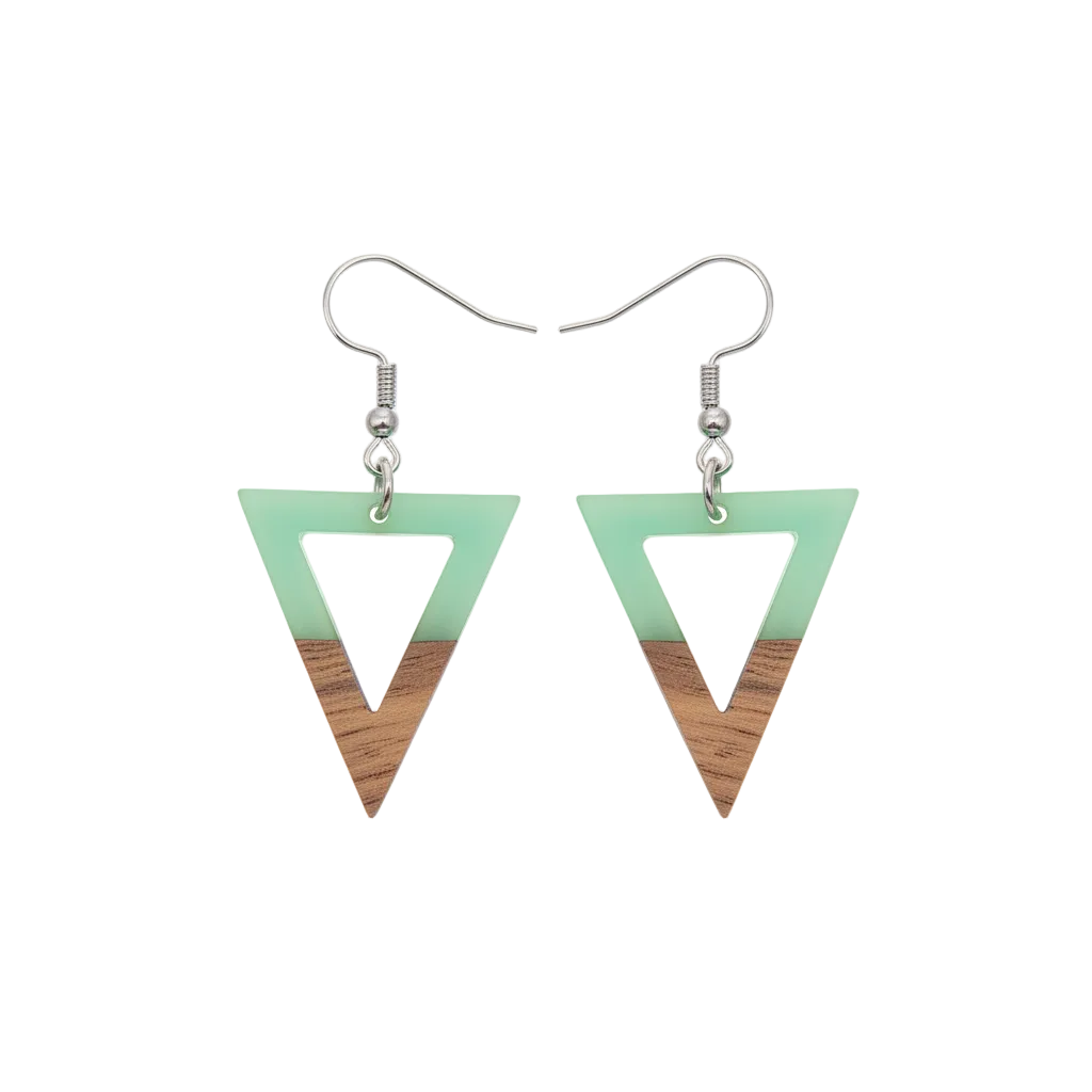 Green Resin & Wood Silvertone Open Triangle Hook Earrings