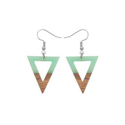 Green Resin & Wood Silvertone Open Triangle Hook Earrings