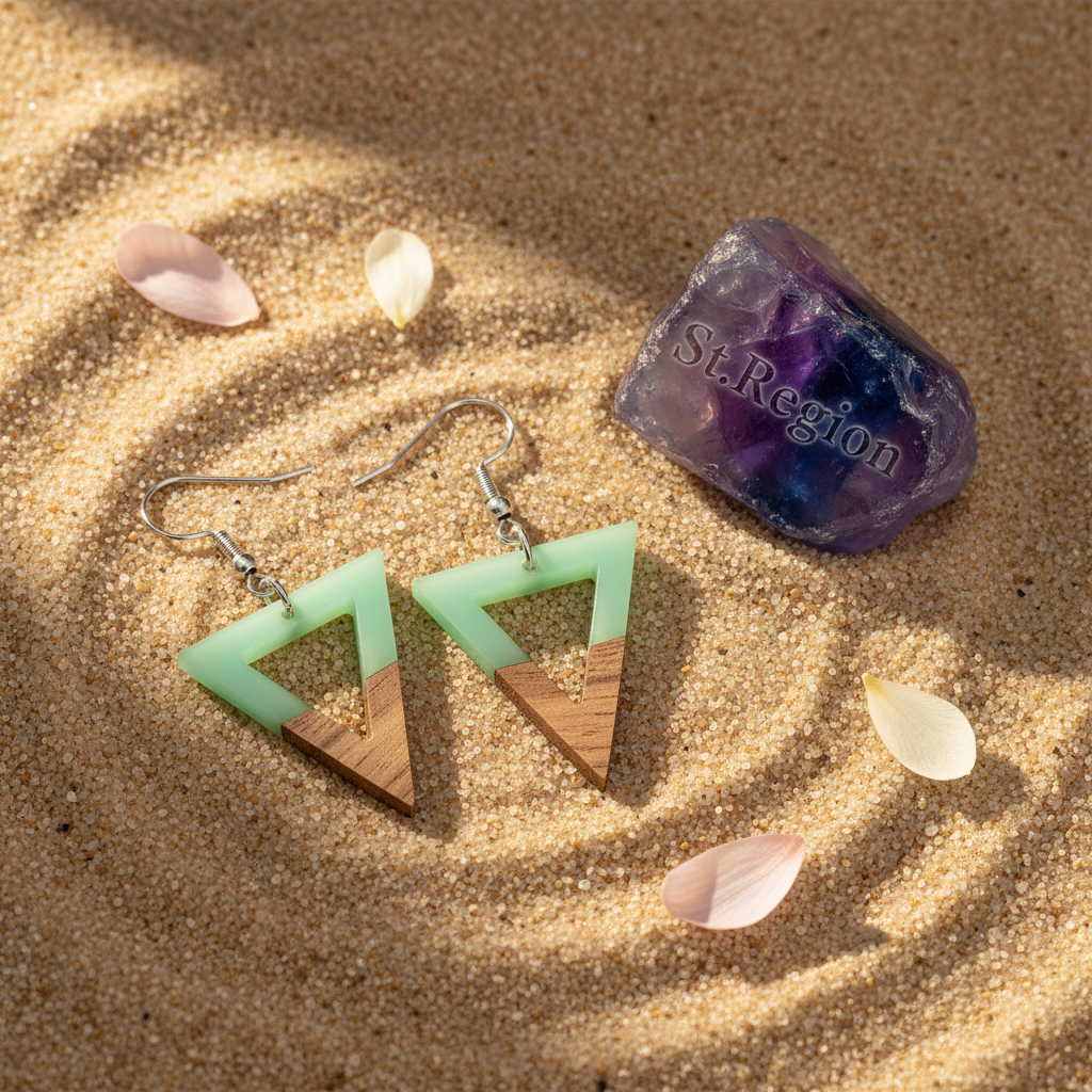Green Resin & Wood Silvertone Open Triangle Hook Earrings