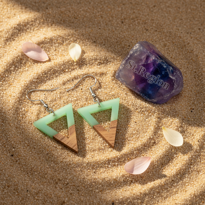 Green Resin & Wood Silvertone Open Triangle Hook Earrings