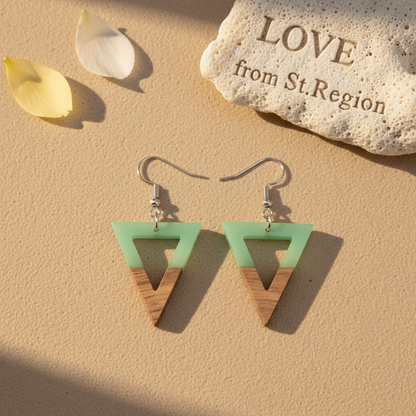 Green Resin & Wood Silvertone Open Triangle Hook Earrings