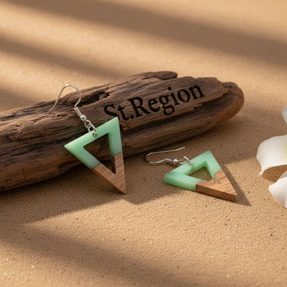 Green Resin & Wood Silvertone Open Triangle Hook Earrings