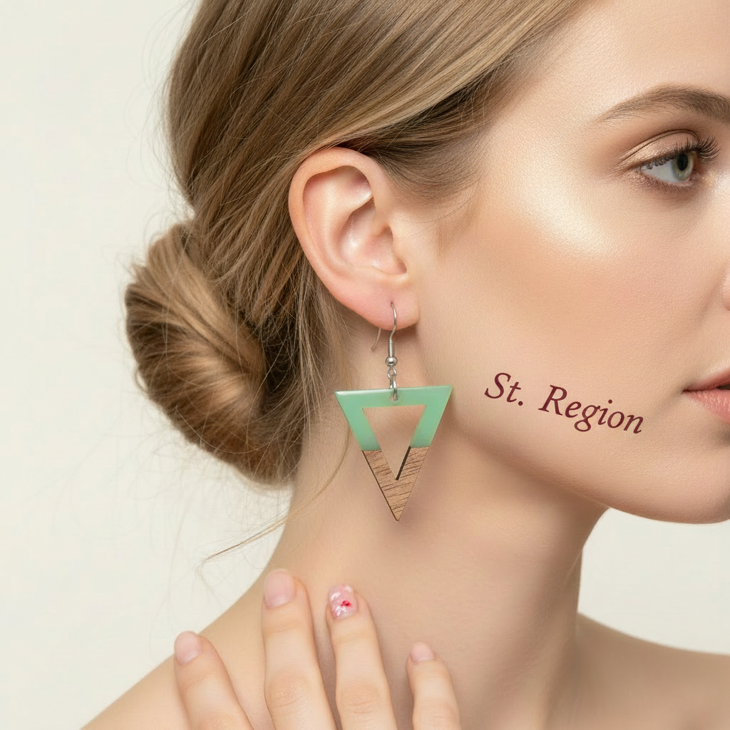 Green Resin & Wood Silvertone Open Triangle Hook Earrings