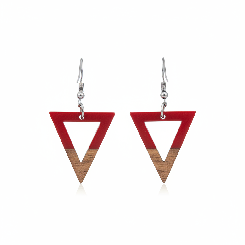 Red Resin & Wood Silvertone Open Triangle Hook Earrings