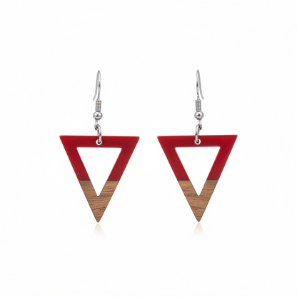 Red Resin & Wood Silvertone Open Triangle Hook Earrings
