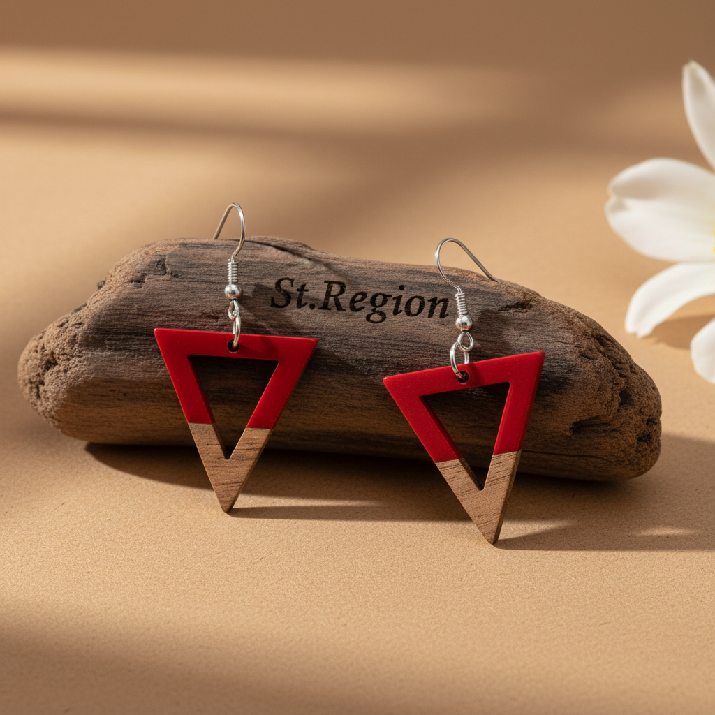 Red Resin & Wood Silvertone Open Triangle Hook Earrings