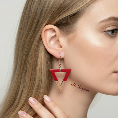 Red Resin & Wood Silvertone Open Triangle Hook Earrings