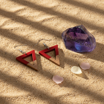 Red Resin & Wood Silvertone Open Triangle Hook Earrings