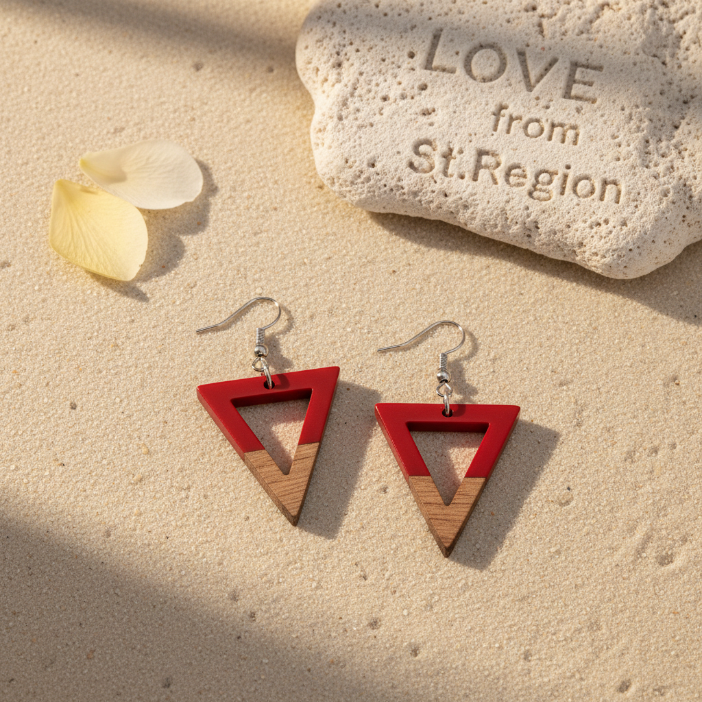 Red Resin & Wood Silvertone Open Triangle Hook Earrings