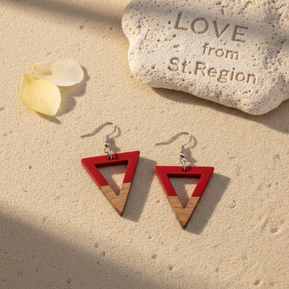 Red Resin & Wood Silvertone Open Triangle Hook Earrings
