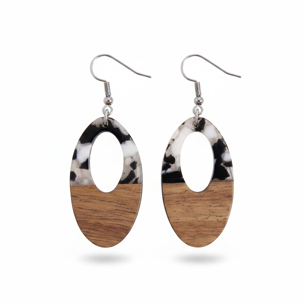 Black Resin & Wood Silvertone Open Oval Hook Earrings