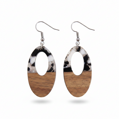 Black Resin & Wood Silvertone Open Oval Hook Earrings