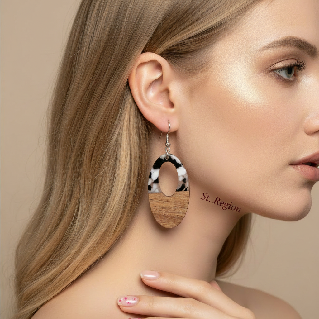 Black Resin & Wood Silvertone Open Oval Hook Earrings