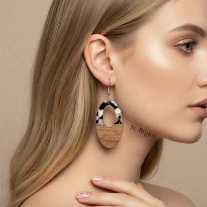 Black Resin & Wood Silvertone Open Oval Hook Earrings