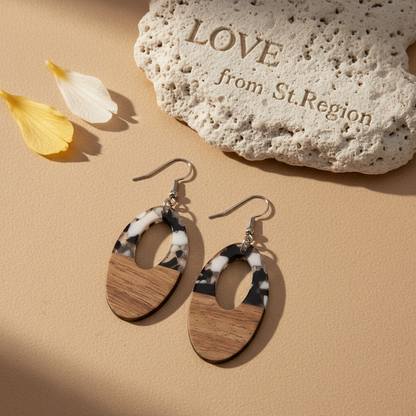 Black Resin & Wood Silvertone Open Oval Hook Earrings