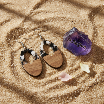 Black Resin & Wood Silvertone Open Oval Hook Earrings