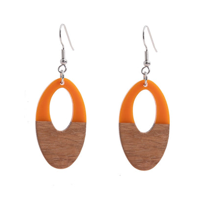 Orange Resin & Wood Silvertone Open Oval Hook Earrings