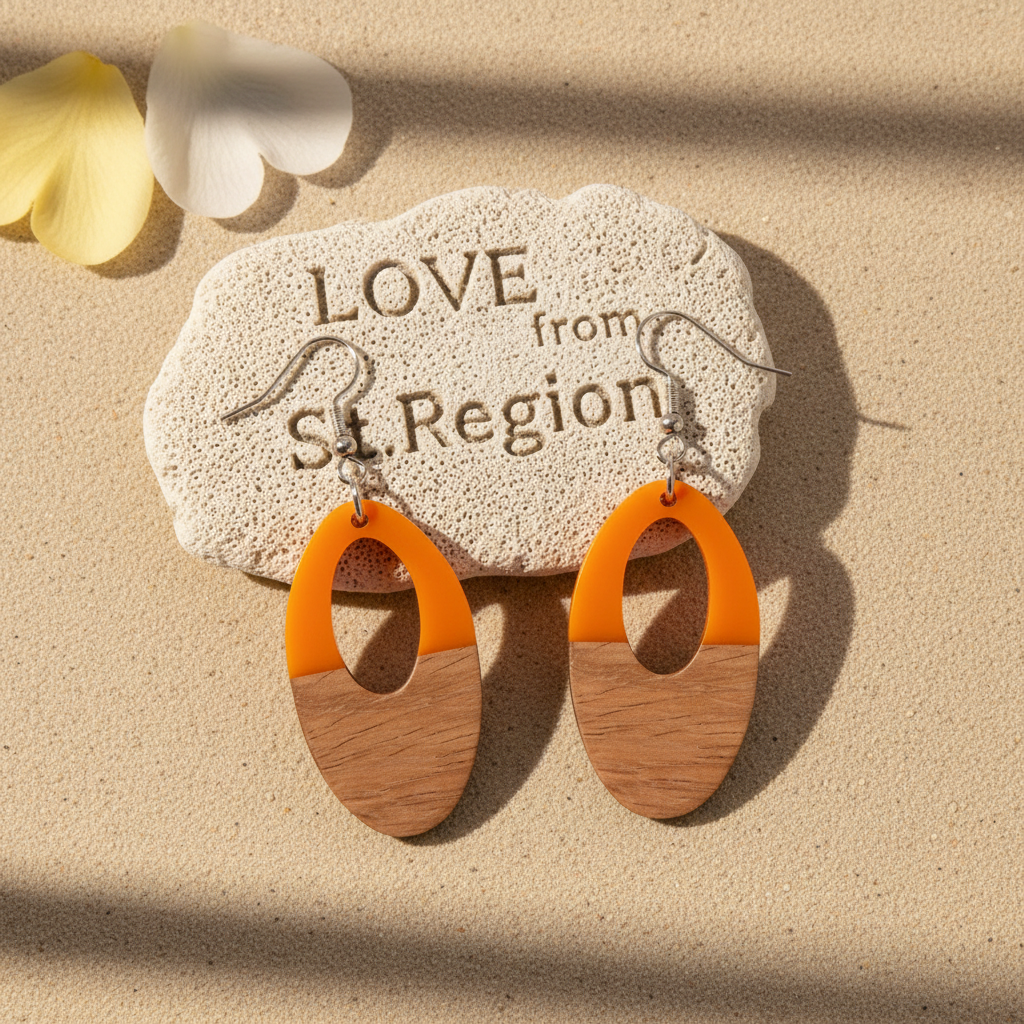 Orange Resin & Wood Silvertone Open Oval Hook Earrings