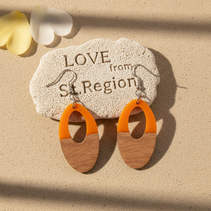 Orange Resin & Wood Silvertone Open Oval Hook Earrings