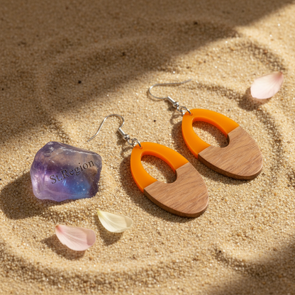 Orange Resin & Wood Silvertone Open Oval Hook Earrings