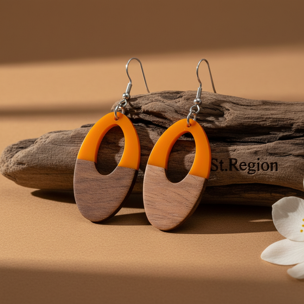 Orange Resin & Wood Silvertone Open Oval Hook Earrings