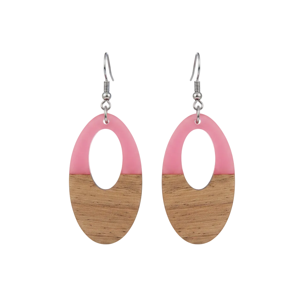 Pink Resin & Wood Silvertone Open Oval Hook Earrings