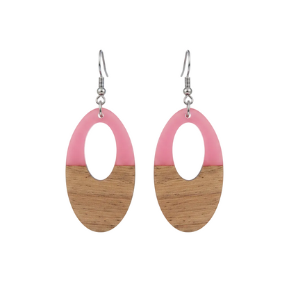 Pink Resin & Wood Silvertone Open Oval Hook Earrings