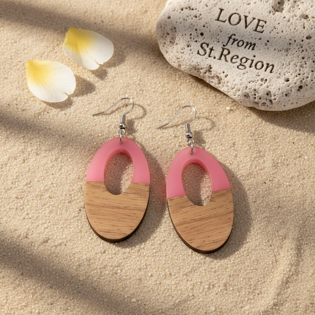 Pink Resin & Wood Silvertone Open Oval Hook Earrings
