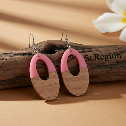 Pink Resin & Wood Silvertone Open Oval Hook Earrings