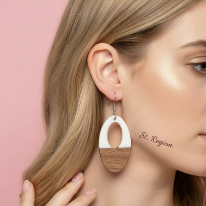 White Resin & Wood Silvertone Open Oval Hook Earrings