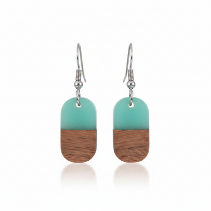 Green Resin & Wood Silvertone Patchwork Rectangle Hook Earrings