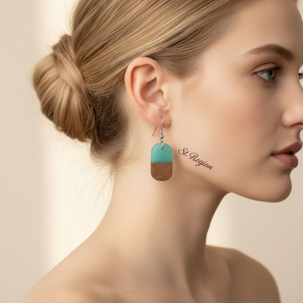 Green Resin & Wood Silvertone Patchwork Rectangle Hook Earrings