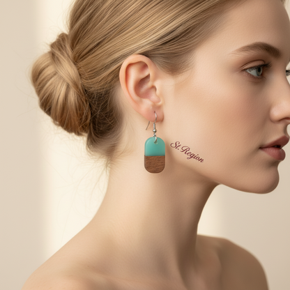 Green Resin & Wood Silvertone Patchwork Rectangle Hook Earrings