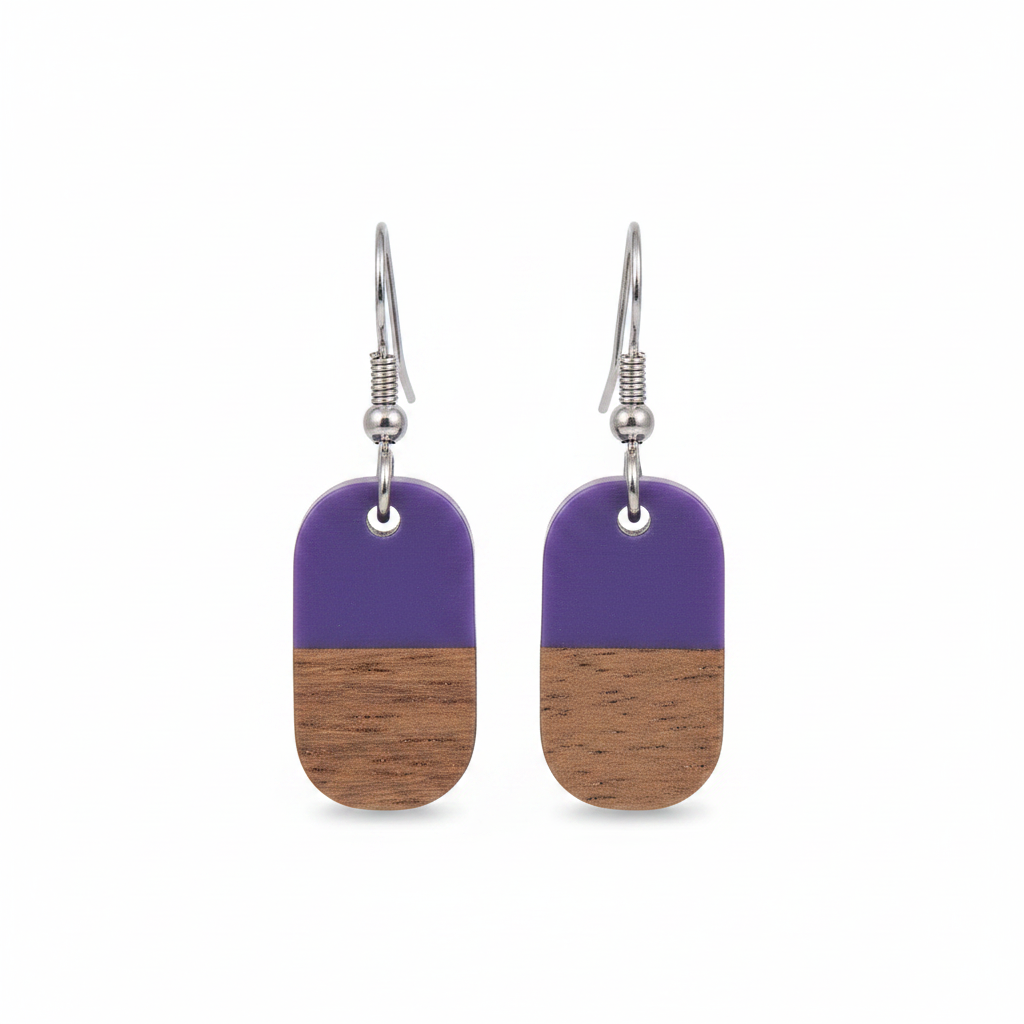 Purple Resin & Wood Silvertone Patchwork Rectangle Hook Earrings