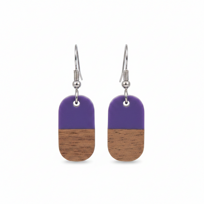 Purple Resin & Wood Silvertone Patchwork Rectangle Hook Earrings